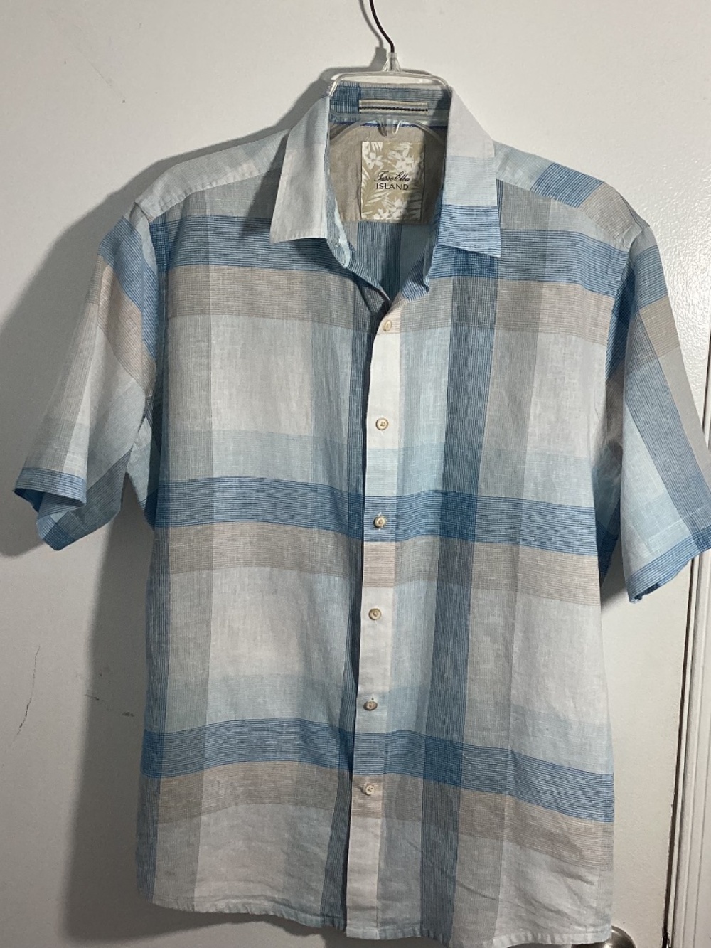 TASSO ELBA ISLAND MEN LARGE LINEN BLEND BEIGE BLUE STRIPES SHORT SLEEVE SHIRT